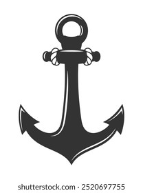 Simple shape of vintage anchor isolated on white background. Silhouette of sea anchor with rope. Vector illustration