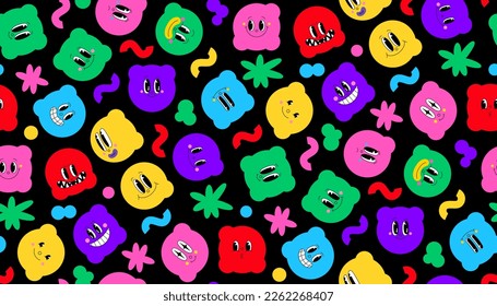 Formas simples personajes abstractos de caricatura patrón sin fisuras. El cómic Doodle enfrenta diferentes emociones. Fondo del vector en estilo retro plano