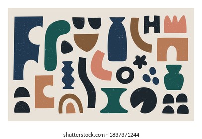 Simple shapes abstract geometric composition.Cut out collage of different graphic elements and forms.Can be used as home decor,poster,cover or creative card.Vector