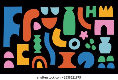 Simple shapes abstract geometric composition.Cut out collage of colorful graphic elements and forms.Can be used as home decor,poster,cover or creative card.Black background.Vector