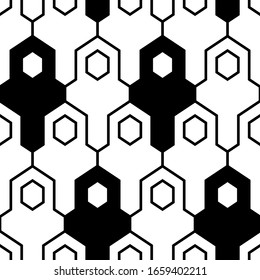 Simple shapes backdrop. Figures, hexagons pattern.Seamless ornament. Geometric background. Polygons motif. Digital paper, abstract. Geometrical wallpaper. Vector.