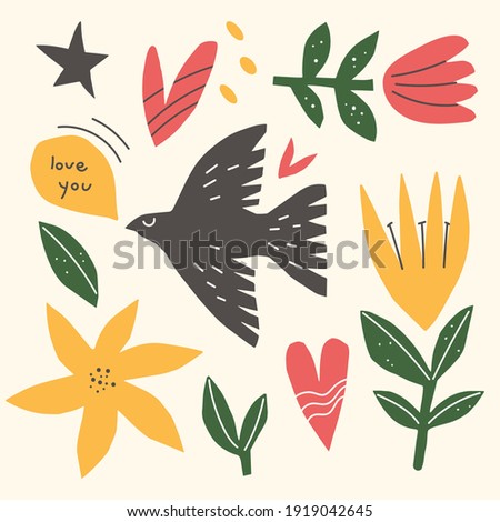 Simple shapes collage: bird, flowers, hearts, leaves. A square card design. Colorful cut out figures. "I love you" card.