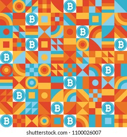 Simple shapes geomectric seamless pattern with bitcoin icon sign for background vector illustration. Colorful version for wrapping, cover or banner background. Crypto currency bitcoin in the circle.