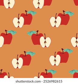 Formas simples, meia maçã e folhas. Fruta abstrata de padrão sem emenda para impressões, papel de parede, têxteis, embalagem.