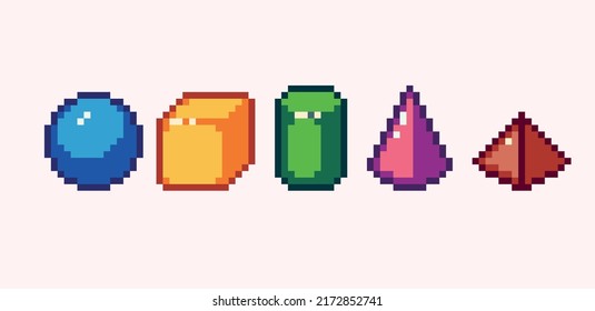 Simple shapes pixel art set. Basic figures collection. Box, cube, ball, pyramid, cone, cylinder, 8 bit sprite. Game development, mobile app.  Isolated vector illustration.