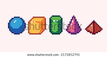 Simple shapes pixel art set. Basic figures collection. Box, cube, ball, pyramid, cone, cylinder, 8 bit sprite. Game development, mobile app.  Isolated vector illustration.