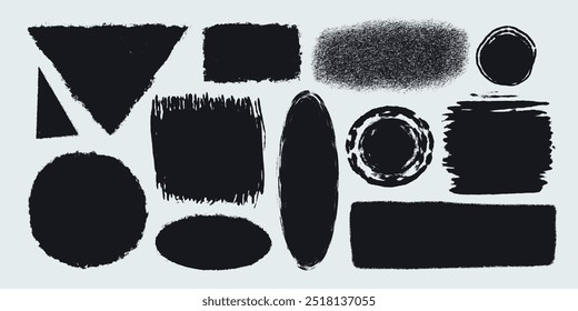Simple shapes with rough torn edges. Grunge style various figures with ripped border. Black vector collage torn paper piece or vintage paint stain silhouette isolated on light background. Vector