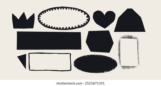 Simple shapes with rough torn edges. Grunge style various geometrical figures with ripped border. Black vector collage torn paper piece or vintage paint stain silhouette isolated on light background