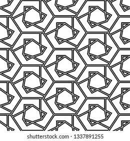Simple shapes wallpaper.Hexagons, triangles, figures ornament. Mosaics motif. Seamles pattern. Polygons background. Geometrical backdrop. Digital paper, web designing, textile print