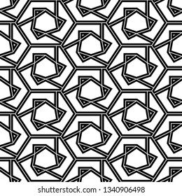 Simple shapes wallpaper.Seamles pattern. Hexagons, triangles, figures ornament. Mosaics motif. Polygons background. Geometrical backdrop. Digital paper, web designing, textile print