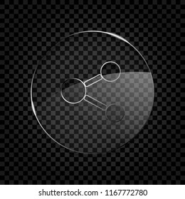 Simple share icon. Icon in circle glass bubble on dark transparent grid. Glass style