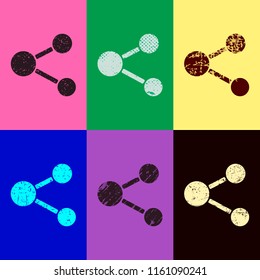 Simple share icon. Pop art style. Scratched icons on 6 colour backgrounds. Seamless pattern