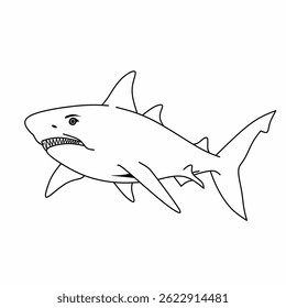 Simple shark line art in black and white, great for marine life, icons, educational and ocean-themed designs.