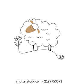 A simple sheep in a linear style with flower. Sheep logo. Vector doodle illustartion.