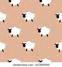 Simple Sheep Pattern. Cute White Sheep And Dots. Beige Background. The Print Is Well Suited For Wallpaper,textiles, Banners And Postcards.