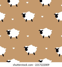 Simple sheep pattern. Cute white sheep and small hearts. Beige background. Fashionable print for children's textiles and wallpaper, packaging.