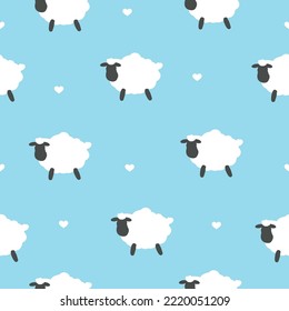 Simple sheep pattern. Cute white sheep and small hearts. light blue  background. Fashionable print for children's textiles and wallpaper, packaging.