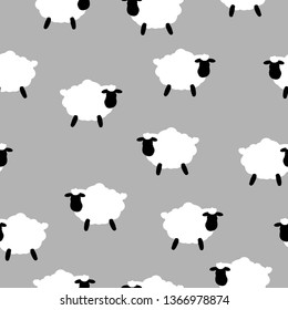 Simple sheep pattern. Gray background, funny white sheep. The print is well suited for Wallpaper,textiles, banners and postcards.