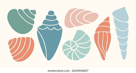 Simple shell silhouettes in pastel colors. Abstract organic seashell icons for beach design, logo, summer vacation prints, travel branding, sea decor, stickers, pattern design, packaging