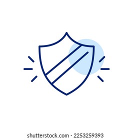 Simple shield with banner across. Pixel perfect, editable stroke line icon