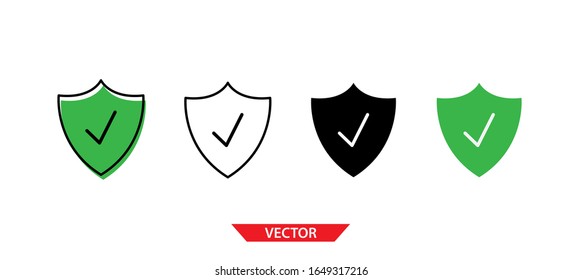 Sencillo escudo con icono de marca en fondo blanco 4 tipos como contorno, negro, color, contorno y color. Ilustración vectorial.