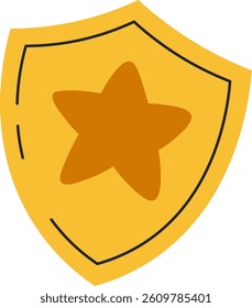 A simple shield displays a five-pointed star; the graphic uses bold outlines and flat shapes.  An award badge is depicted, featuring a prominent star on a protective emblem. Cartoon vector 