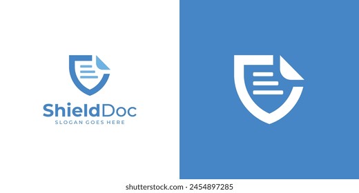 Simple Shield Doc Logo. Shield Protect Safe Document with Modern Minimalist Style. Database Logo Icon Symbol Vector Design Inspiration.