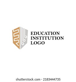 Simple shield emblem logo with line art decoration. Logo for educational institution. 