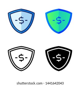 simple shield money icon in four style glyph, line, flat and filled line