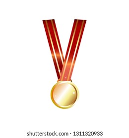 Simple shine golden medal, winner prize with empty blank isolated on white. Round shape trophy award for fist, second, third place in competition, olympiad, sports victory. Bright winner honor prize