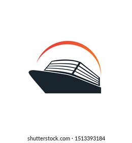 Simple ship cruiser on the ocean with sun illustration logo design