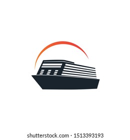 Simple ship cruiser on the ocean with sun illustration logo design