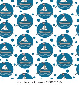 Simple ship with flag in blue circle and dot seamless pattern. Can be used for printing on fabric, for wrapping paper and for the background of the site.