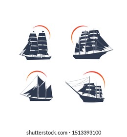 Simple ship sailboat on the ocean with sun illustration logo design set