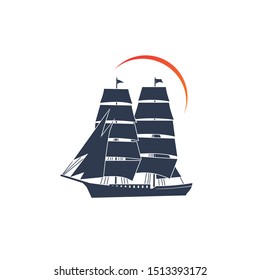Simple ship sailboat on the ocean with sun illustration logo design