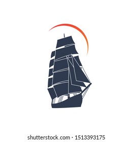 Simple ship sailboat on the ocean with sun illustration logo design