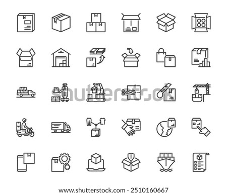 Simple shipping cardboard packaging box outline icon set and related thing, delivery and transportation packing concept, 48x48 pixel perfect icon, editable stroke for media, web, application design