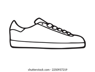 Simple shoes and shoe laces   flat bottom sole  hand drawn outline illustration  Classic sneakers pen drawing graphic sketch symbol  Fashion   gym training footwear black   white logo sign  