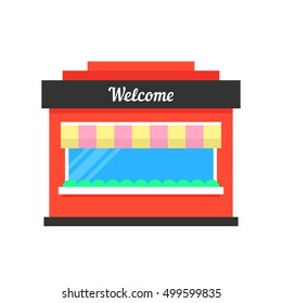 simple shop building icon. concept of marketing shopfront awning.Town construction silhouette, exterior, merchandise, consumerism. flat style trend modern logo graphic design on white background