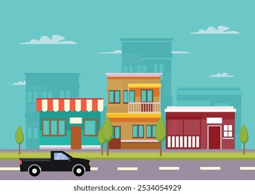 a simple shop building and restaurant located on the side of the road, with several trees and cars.