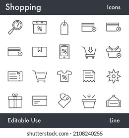 Simple Shop and E-Commerce vector line icon set. Contains linear outline icons like Cart, Basket, Store, Sale, Buy, Bag, Package, Tag. Editable use and stroke for Infographic, Web, Print.