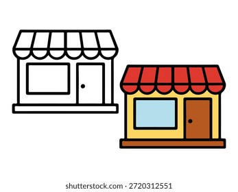 Ilustración de escaparate de tienda simple con una versión de color y una versión de contorno, estilo limpio y mínimo adecuado para iconos, pegatinas, gráficos de negocios, contenido para niños y páginas para colorear.