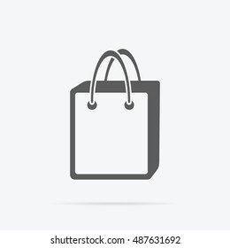 Simple shopping bag icon. Grey line pictogram of paper bag with handles and shadow under it. Vector illustration for shopping services, applications icons, logo and web page design.
