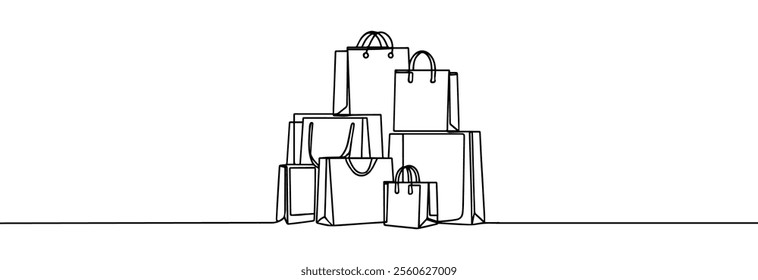 Simple shopping bags continuous line drawing isolated on a white . Paper shopping bags with a gift box one line . Shopping concept.	