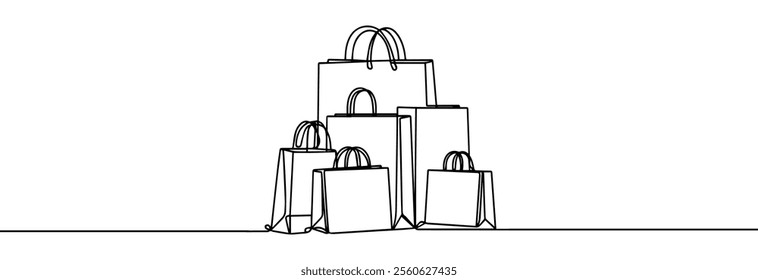 Simple shopping bags continuous line drawing isolated on a white . Paper shopping bags with a gift box one line . Shopping concept.	