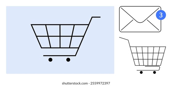 Simple shopping cart icon on blue background with an envelope indicating 3 new messages. Ideal for online shopping, e-commerce, notifications, digital marketing, and user interface design. Clean