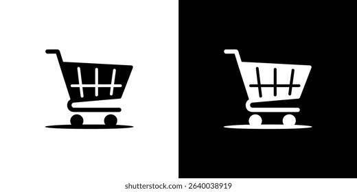 Simple shopping cart icon split between a black and white background, offering versatility for designs and use in web or graphic projects about commerce.