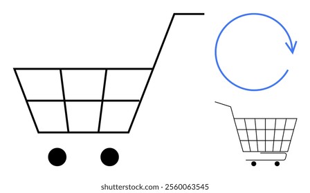 Simple shopping cart with two wheels and a blue circular refresh arrow above a smaller version of the same cart. Ideal for online shopping, reloading, e-commerce, retail, and updates. Minimalistic