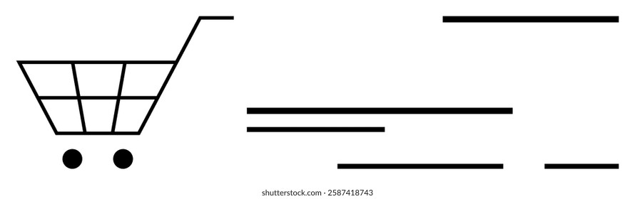 A simple shopping cart with two wheels, accompanied by various horizontal lines suggesting speed and efficiency. Ideal for online retail, e-commerce platforms, digital storefronts, shopping apps