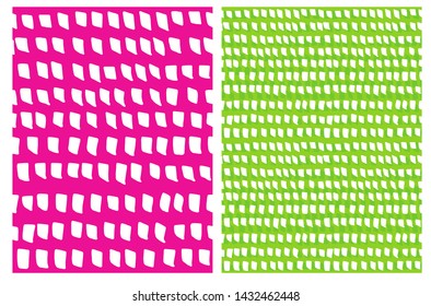 Simple Short brush Stripes Vector Pattern. White Spots Isolated on a Green and Pink Background. Funny Hand Drawn Abstract Geometric Design. Delicate Bright Color Repeatable Layout.